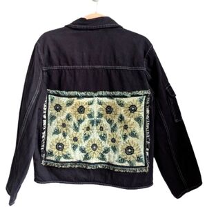 VINTAGE Handmade Black Jeans Cotton Floral Back Tapestry Retro Jacket Small